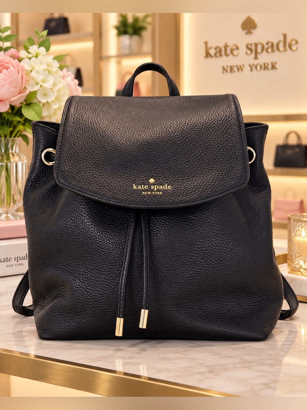 Kate Spade Leila Medium Flap Black Pebbled Leather Backpack - Picture 2 of 16